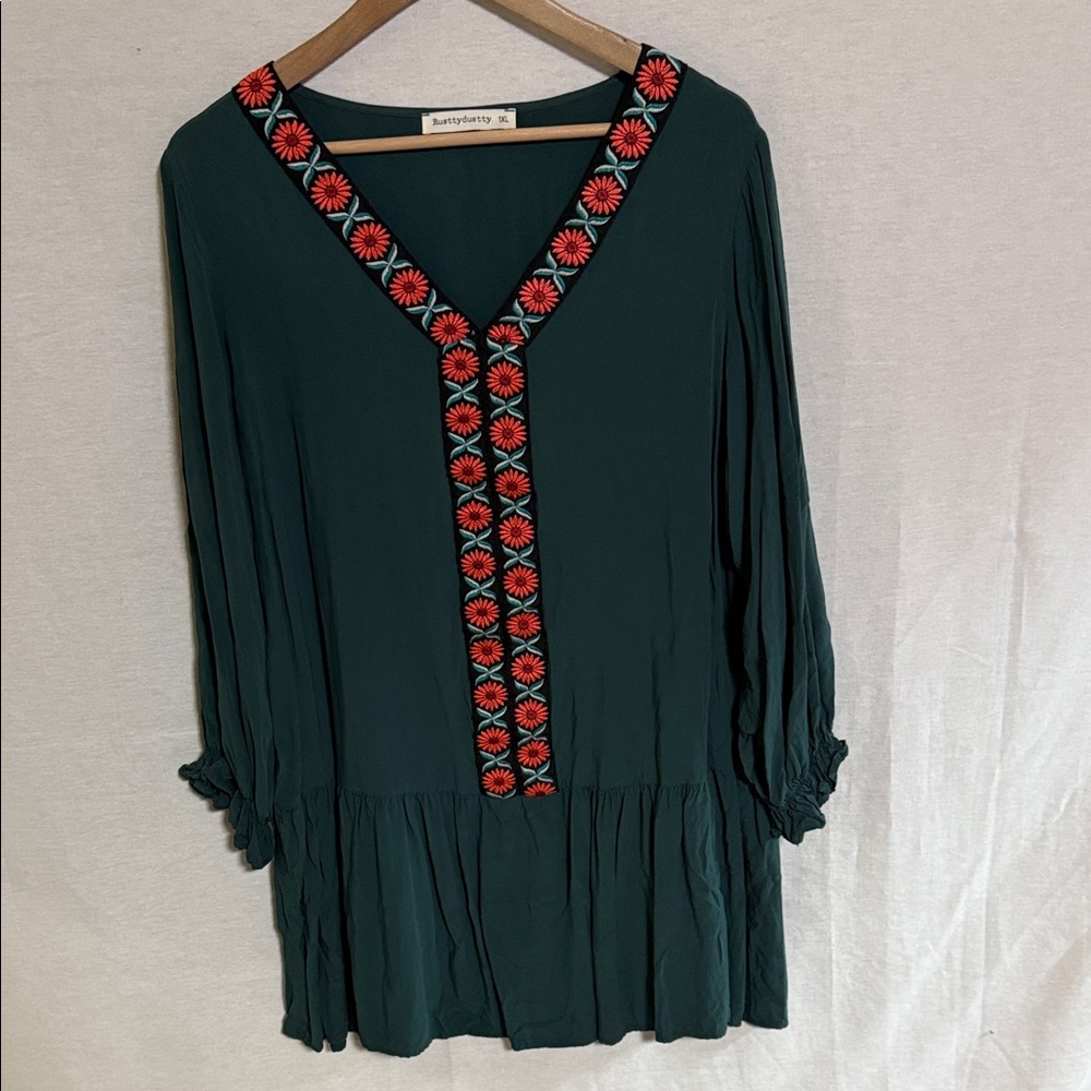 Rusttydustty Bohemian Dark Green Tunic Dress with Red Orange Floral Accents 1XL